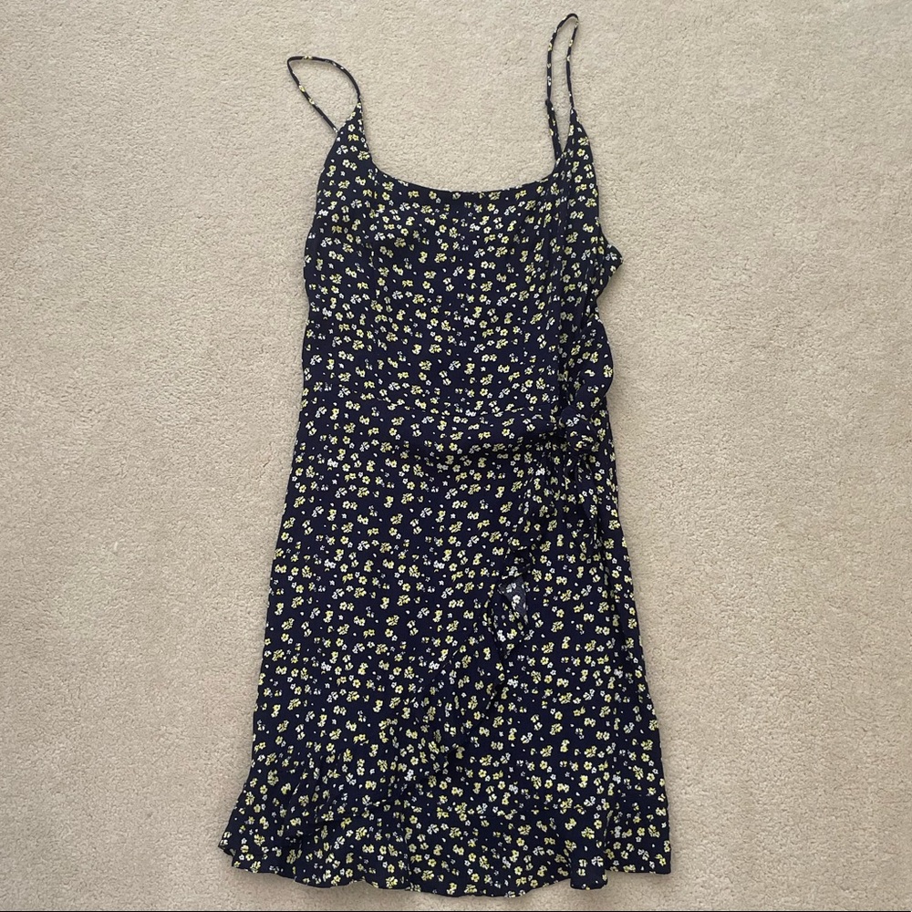 Navy Yellow Floral Printed Strapless Mini Sundress with Tie